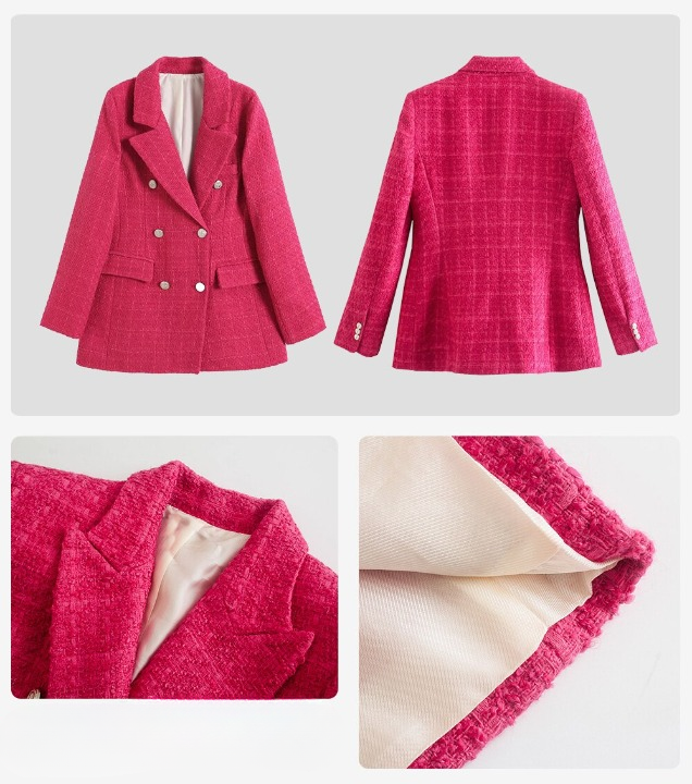 Women's pink tweed blazer with gold buttons