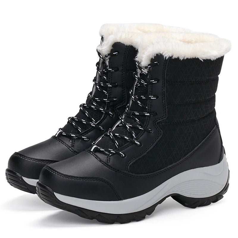 Women’s Snow Boots – Mid Calf – Faux Fur Lined – Lace Up – Platform Sole – Water Resistant