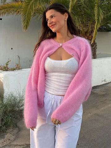 Women's cozy pastel pink fluffy cardigan