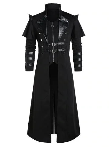 Men’s Long Trench Coat - High Collar - Buckle Closures - Leather Accents - Statement Wear