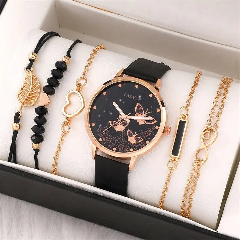 6 piece ladies watch set with butterfly design