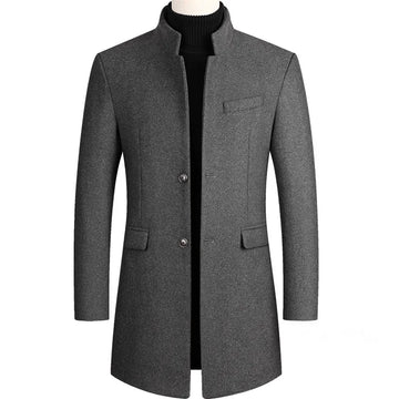 Men’s Wool Blend Trench Coat - Slim Fit - Stand Collar - Single-Breasted Elegant Wear