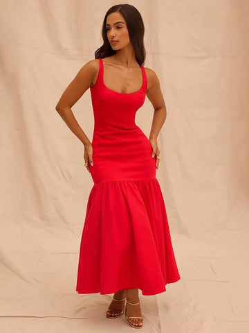 Women’s Midi Dress – Fitted Bodice – Scoop Neck – Sleeveless – A-Line Skirt