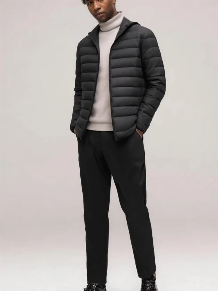 Men's hooded puffer jacket with zipper closure