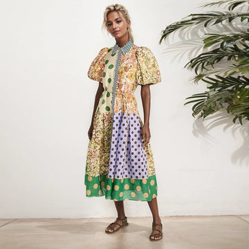 Women’s Midi Dress – A-Line Fit – Cotton Blend – Puff Sleeves – Patchwork Print – Collared Neck