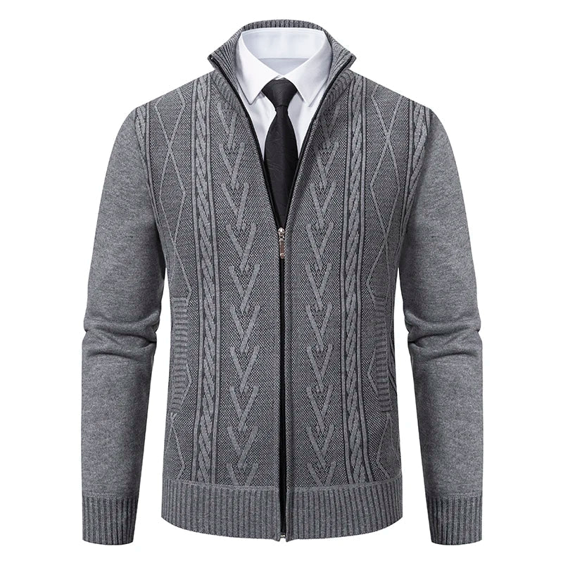 Men’s Cardigan Sweater – Slim Fit – Wool Knit – Full Zip – High Stand Collar