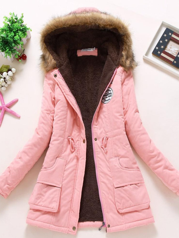 Women's utilitarian parka jacket with fur hood