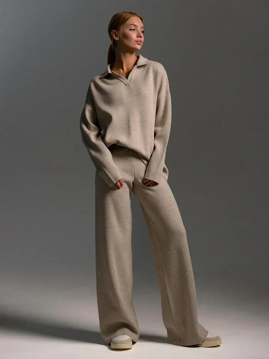 Women’s Knitted Two-Piece Set – Relaxed Fit – Polo Neck Sweater – Wide Leg Pants