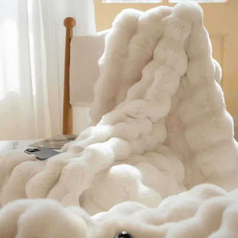 Faux Rabbit Fur Ribbed Throw Blanket