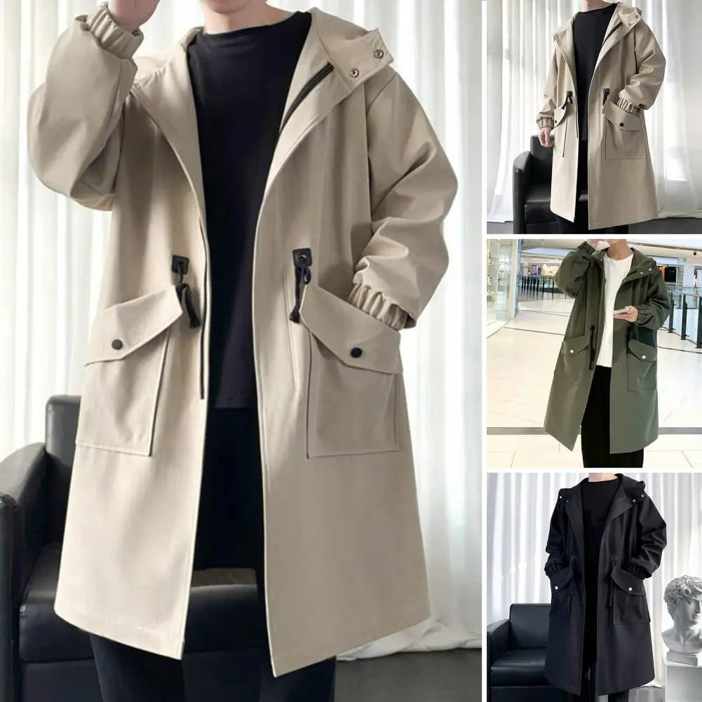 Men's Casual Hooded Trench Coat with Drawstring Waist and Side Pockets