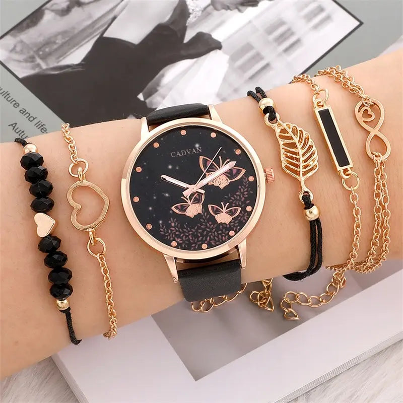 6 piece ladies watch set with butterfly design