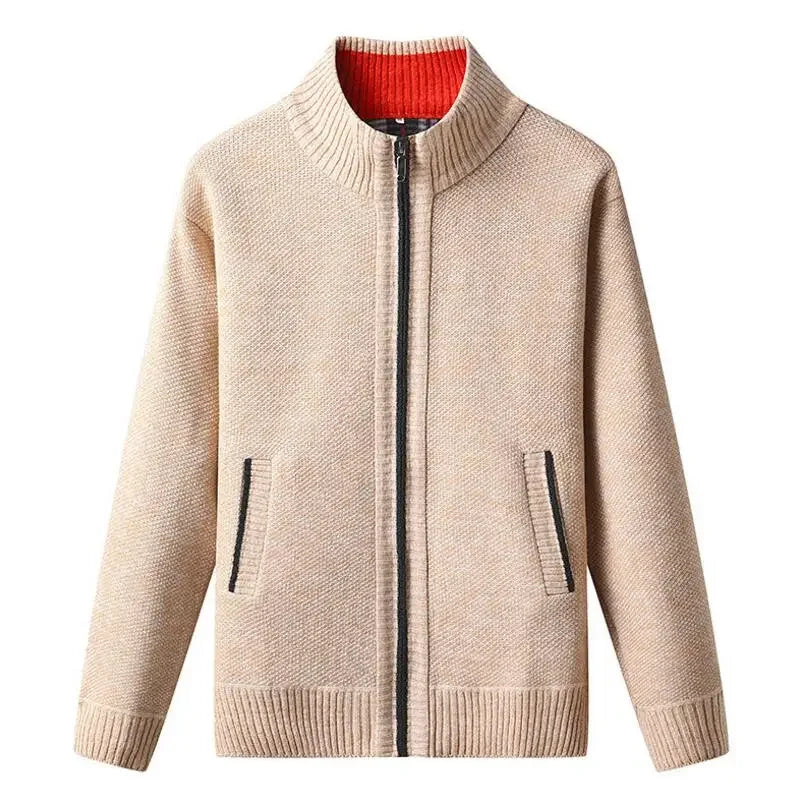 Men's winter knitted cardigan with zipper closure and stand collar