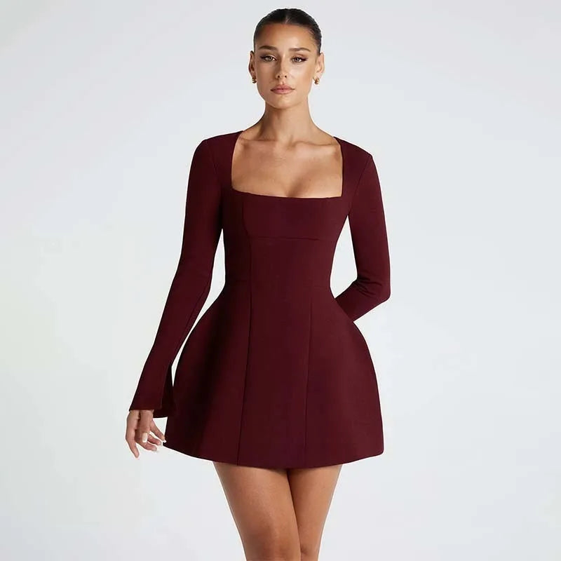 Women’s Mini Dress – Fit and Flare – Square Neck – Long Sleeve – Structured Fabric