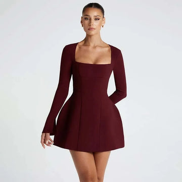 Women’s Mini Dress – Fit and Flare – Square Neck – Long Sleeve – Structured Fabric