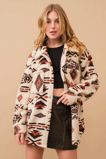 Stylish women's lapel long-sleeved coat with geometric pattern