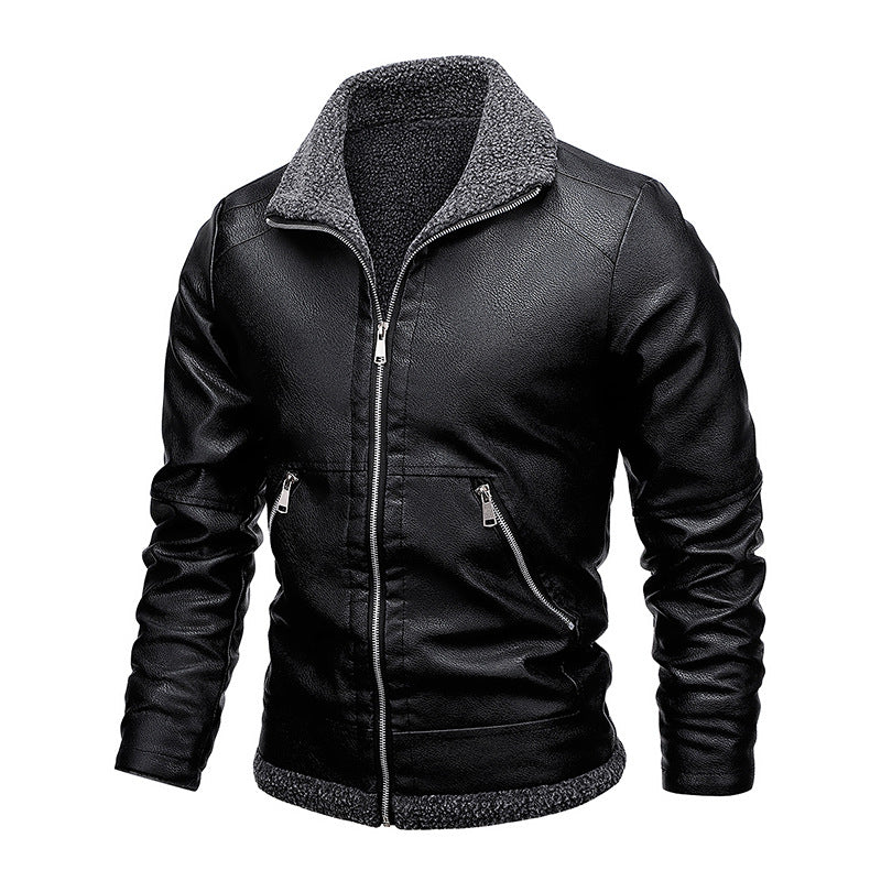 Men's leather jacket with velvet fur and lapel collar