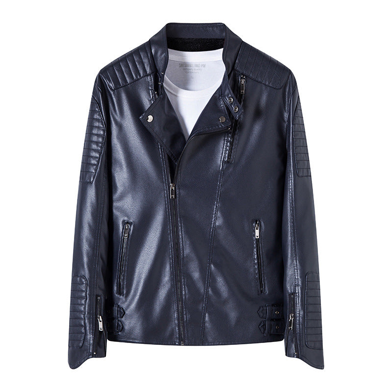 Men's diagonal zipper motorcycle leather jacket