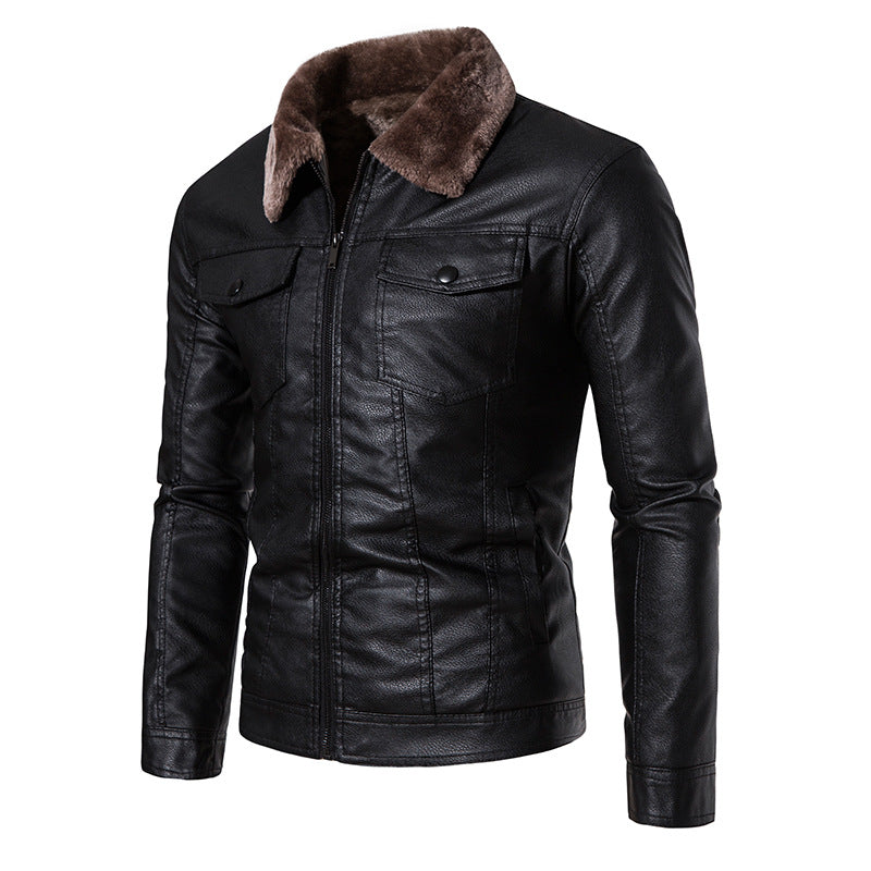 Men's classic leather jacket with faux fur collar