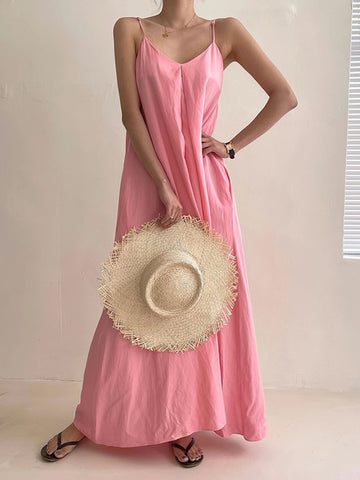 Lovely - V-neck pleated loose casual flowing drape sleeveless dress