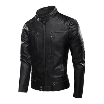 Men's biker leather jacket with stand collar and zipper