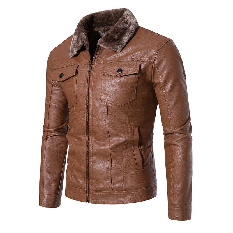 Men's classic leather jacket with faux fur collar