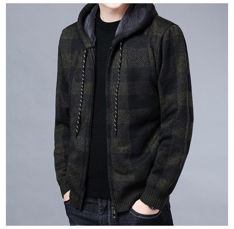 Men's winter hooded plaid long sleeve sweater