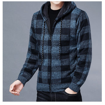 Men's winter hooded plaid long sleeve sweater