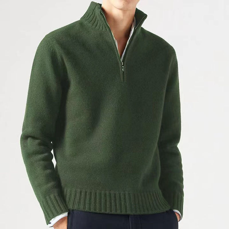 Men's solid color lapel zip-up sweater