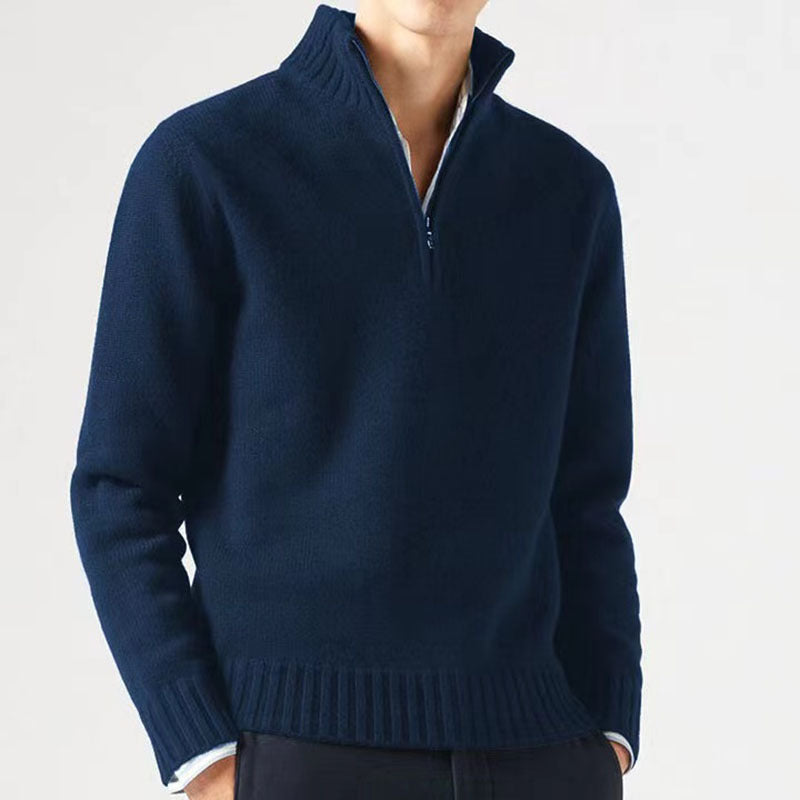 Men's solid color lapel zip-up sweater