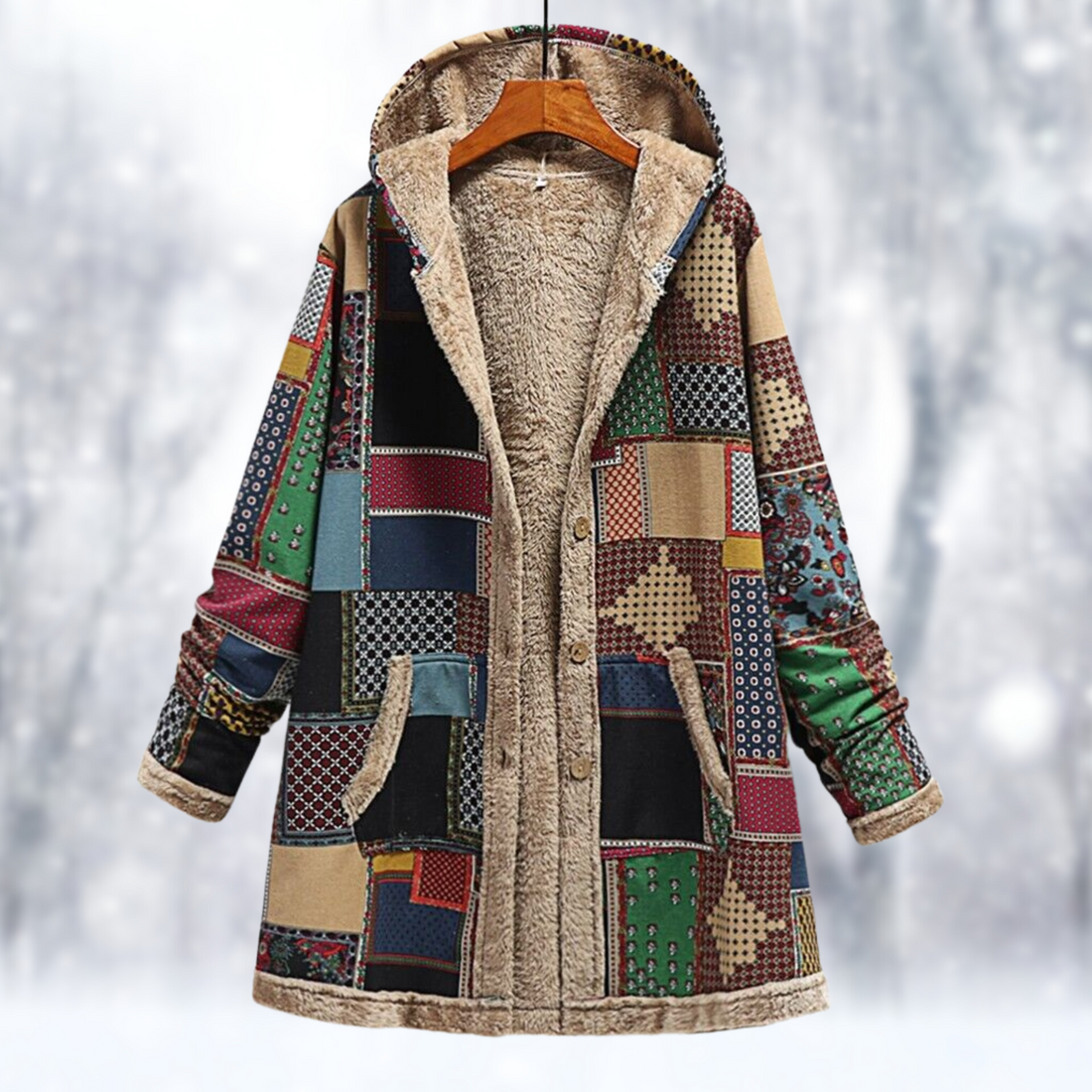 Women's patchwork fleece-lined hooded coat for cozy comfort