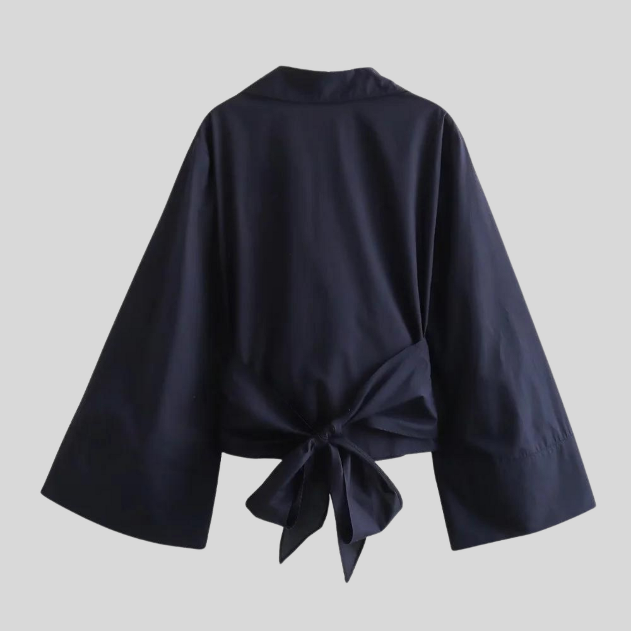 Women's black belted kimono-inspired blouse