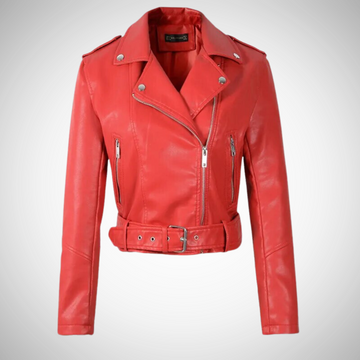 Women's green faux leather biker jacket for a bold edge