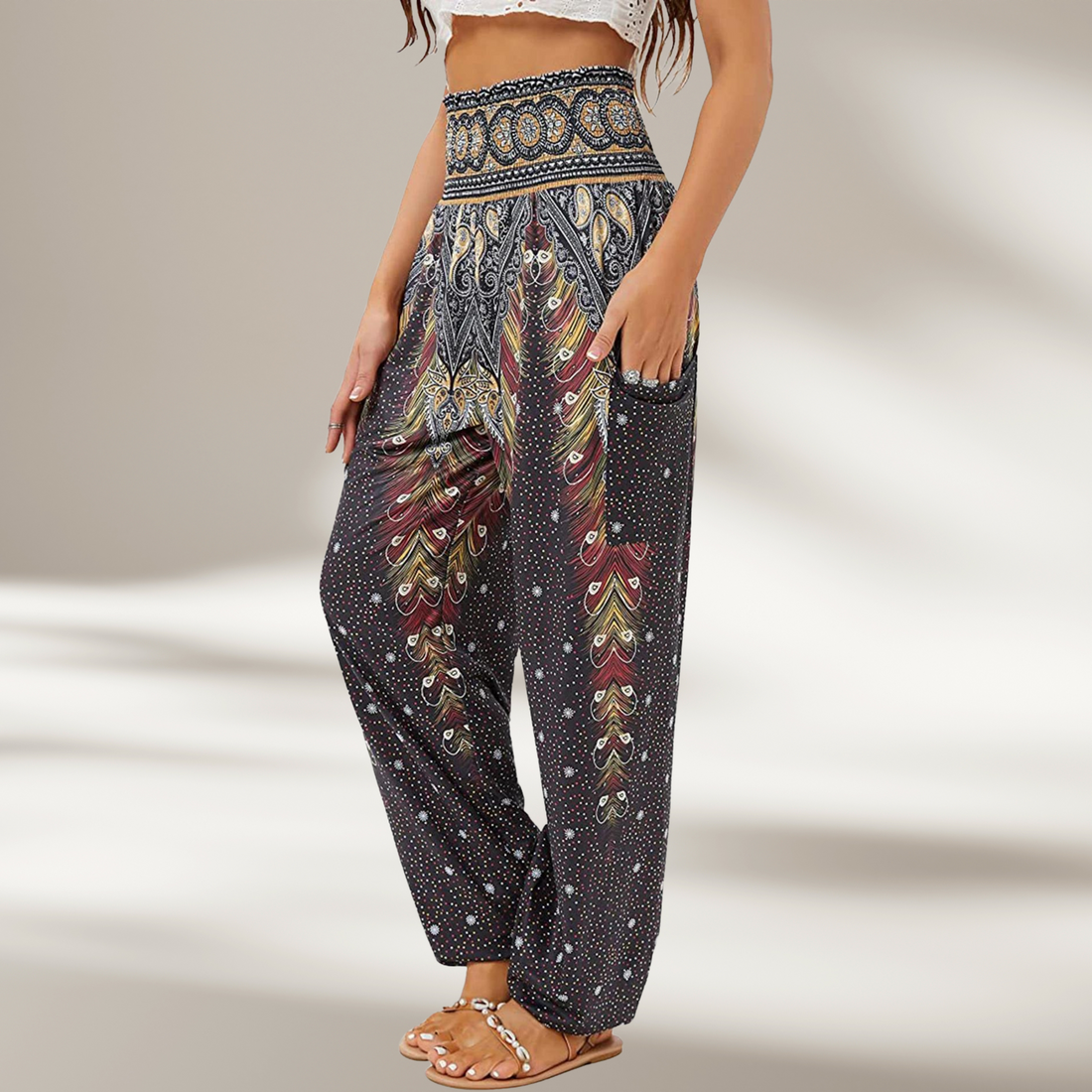 Women's boho chic high waisted harem pants with side pockets