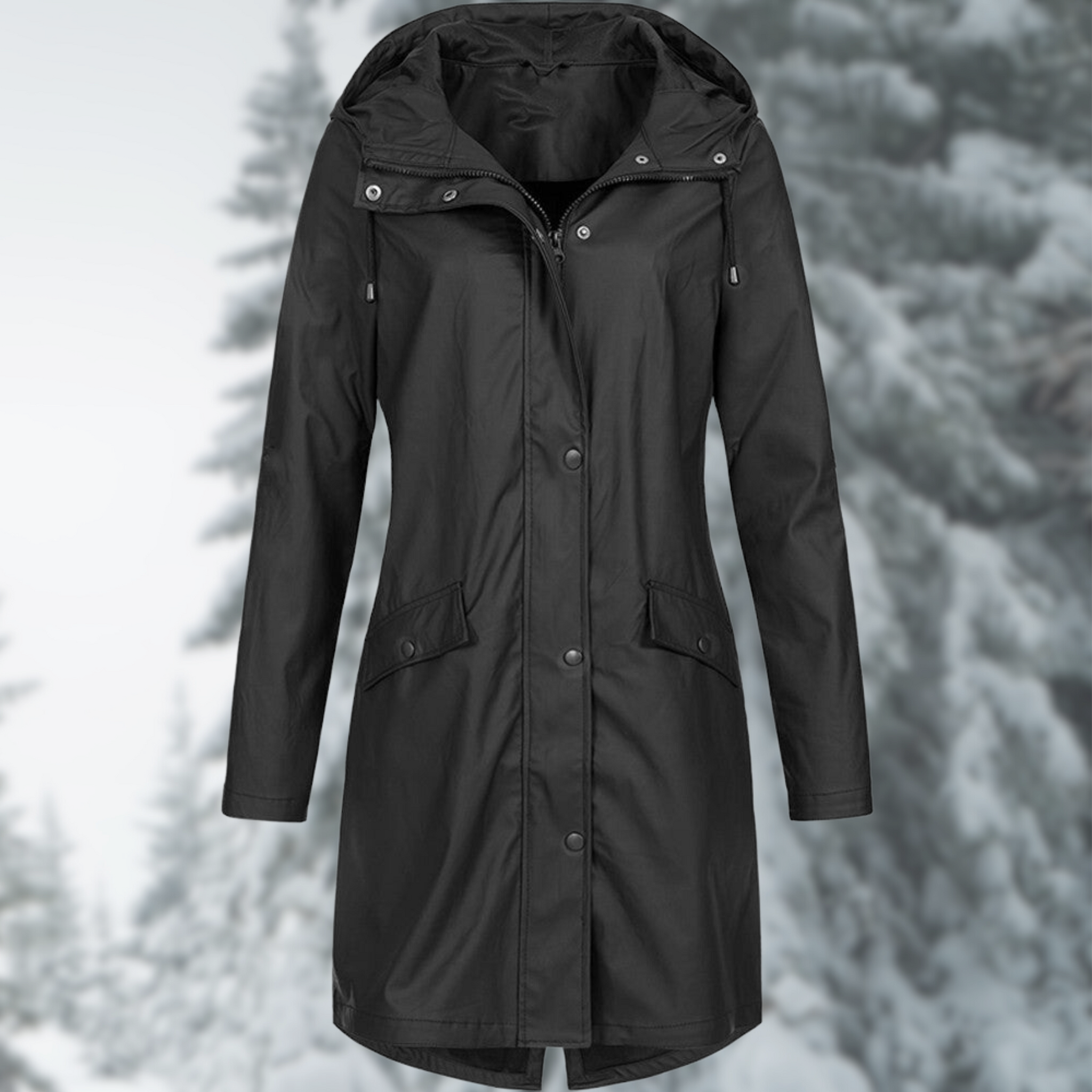 Women's long black hooded coat for all-weather protection