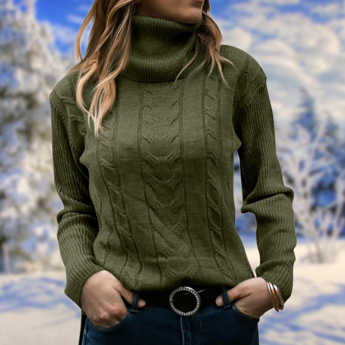 Women's cable knit turtleneck sweater