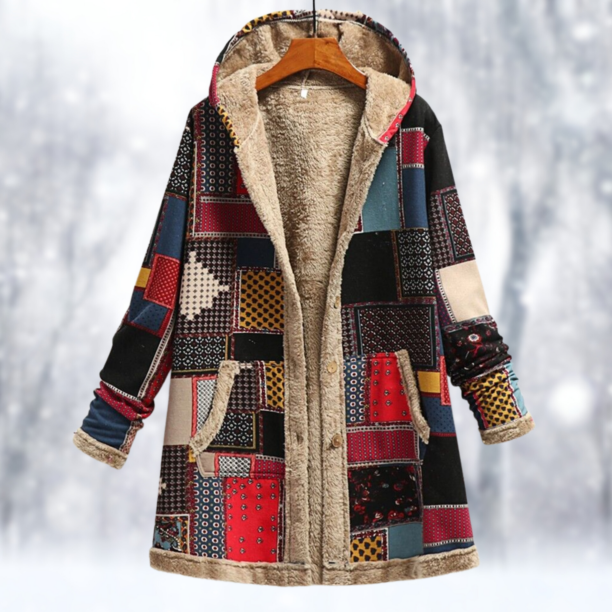 Women's patchwork fleece-lined hooded coat for cozy comfort