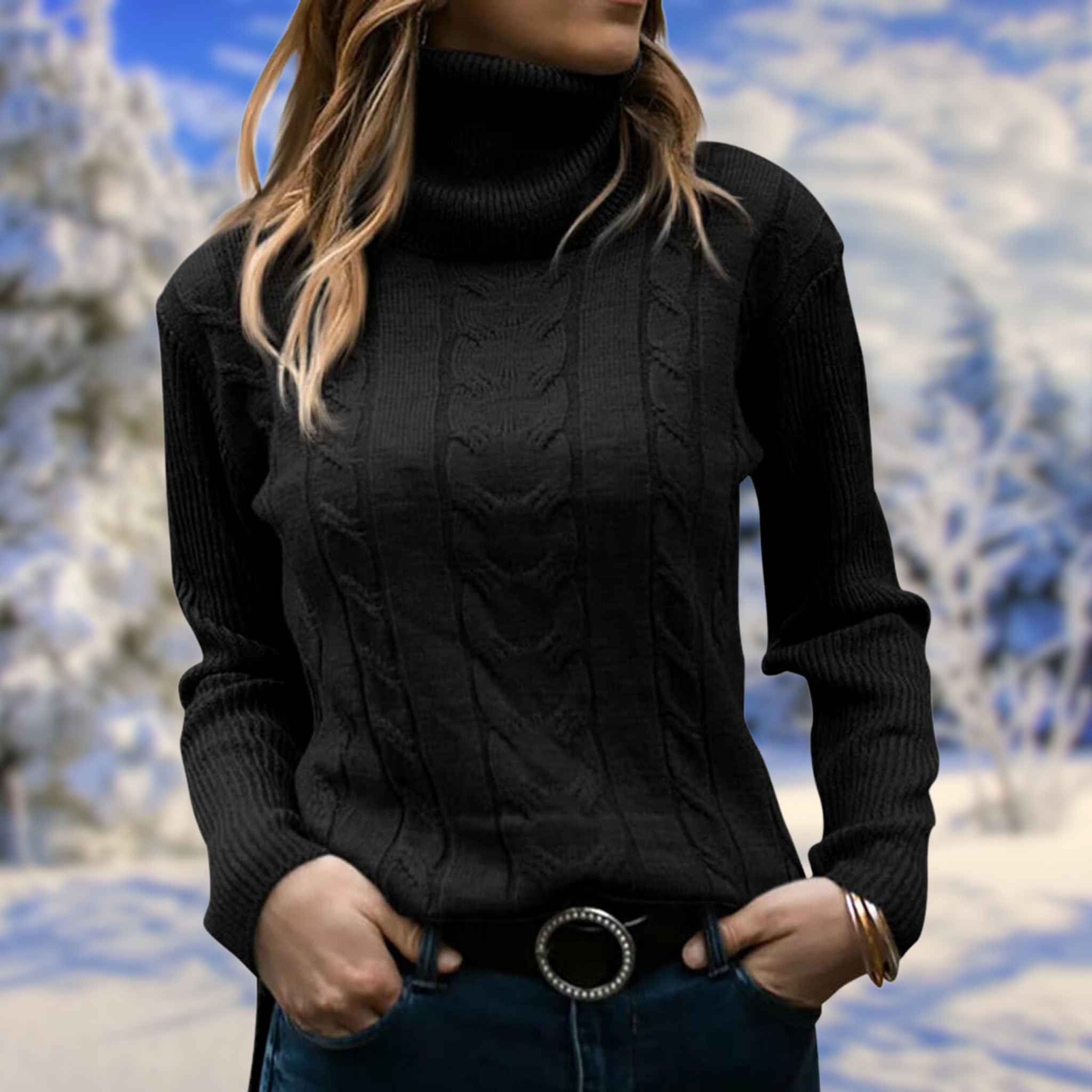 Women's cable knit turtleneck sweater