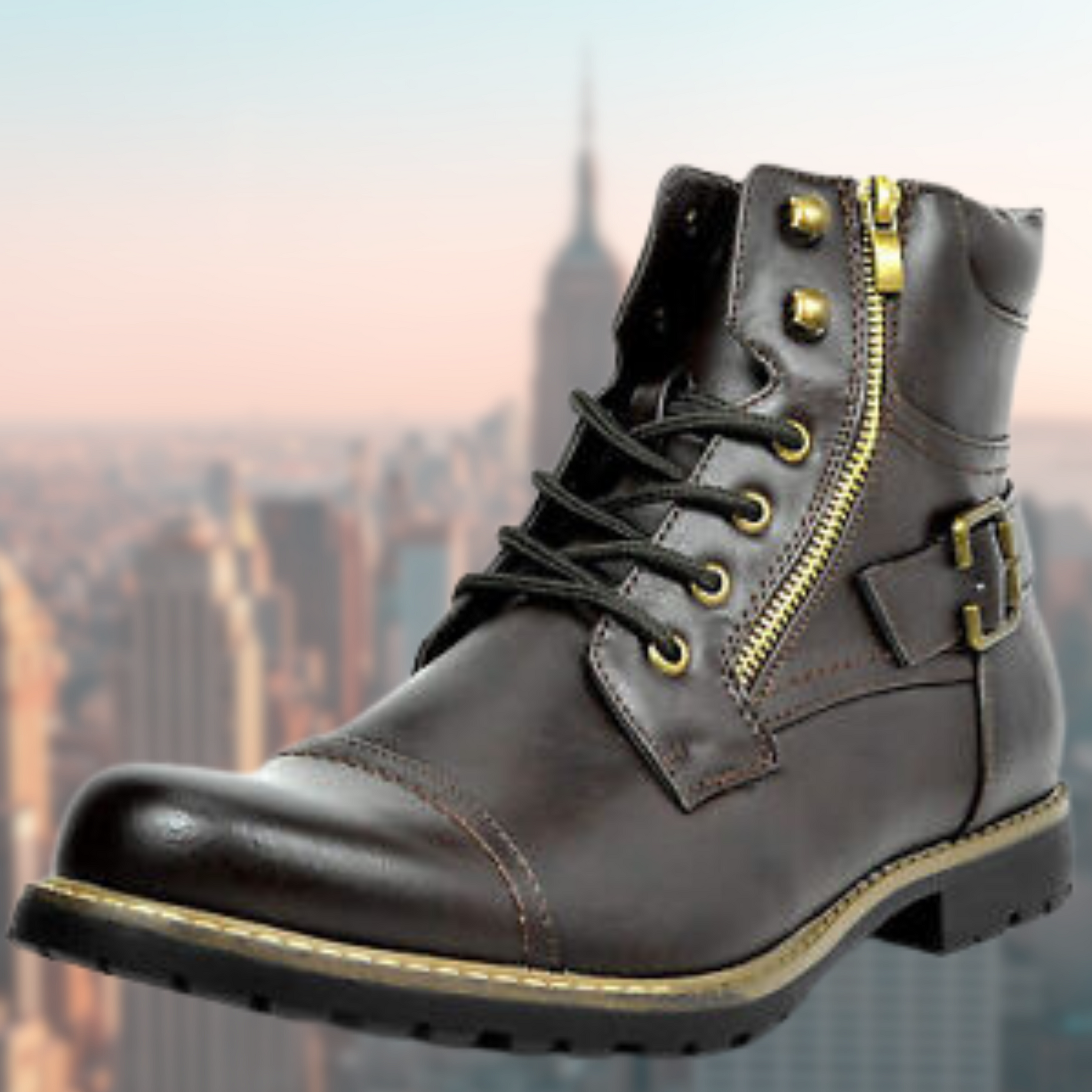 Men's front lace-up combat boots with side zipper