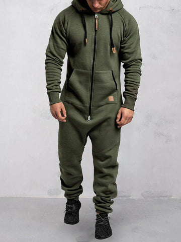 Men's casual solid jumpsuit with hood