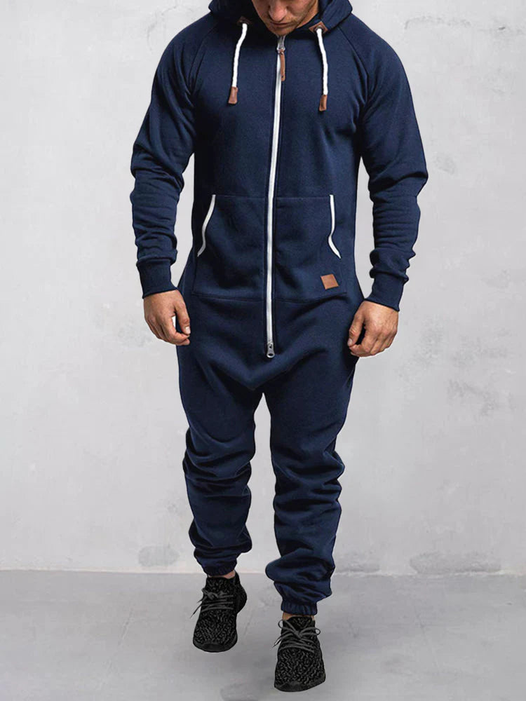 Men's casual solid jumpsuit with hood