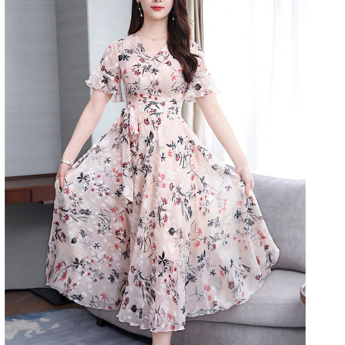 Women's Maxi Dress - Floral Print - V-Neck - Short Sheer Sleeves - Flowy A-Line