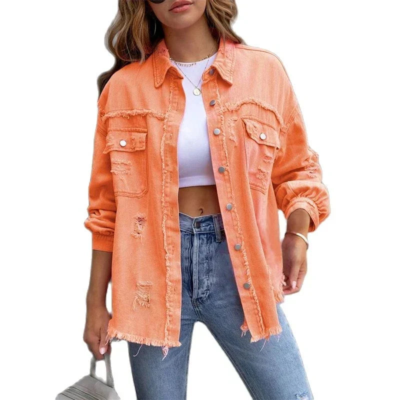 Women's distressed oversized denim jacket