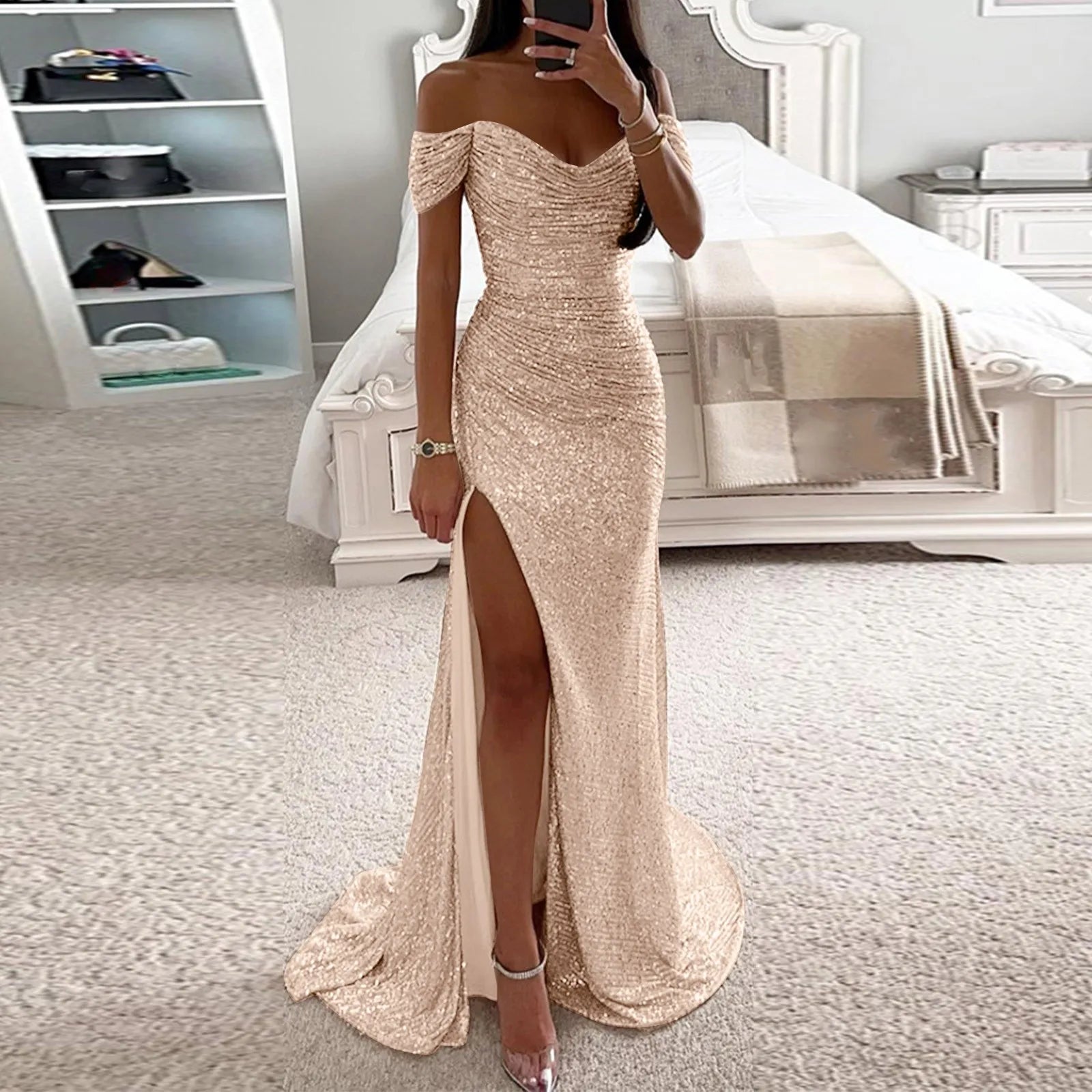 Women's Off-Shoulder Evening Gown - Ruched Fit - Sequined Floor-Length with Slit