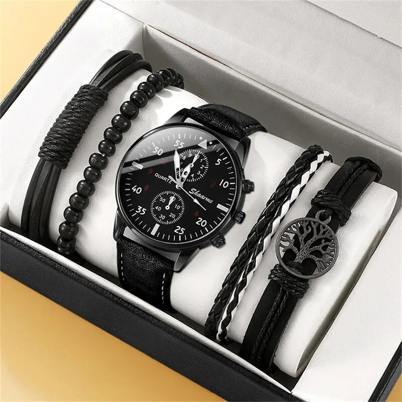 Casual 3-Eye Business Fashion Quartz Watch & Woven Bracelet Set – 4 Pieces