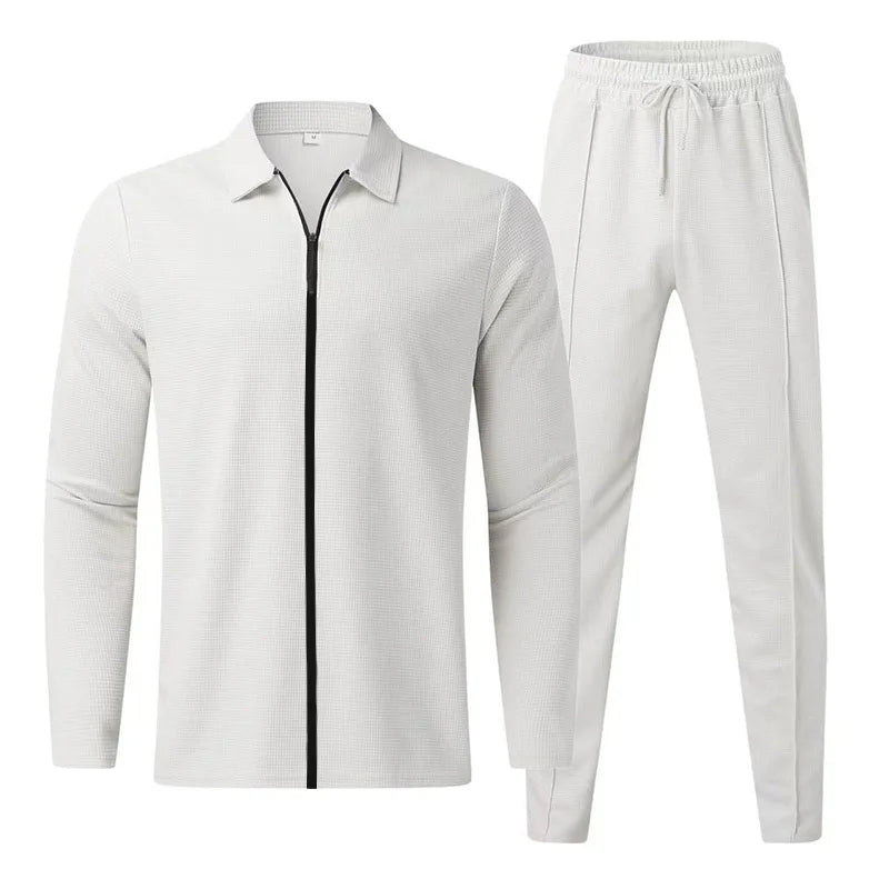 Men's waffle long-sleeve zip-up sports set