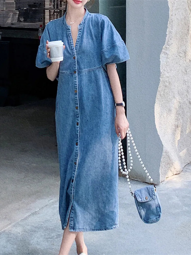 Women's Denim Midi Dress - Button-Down - Puff Sleeve - Relaxed Fit Casual Wear