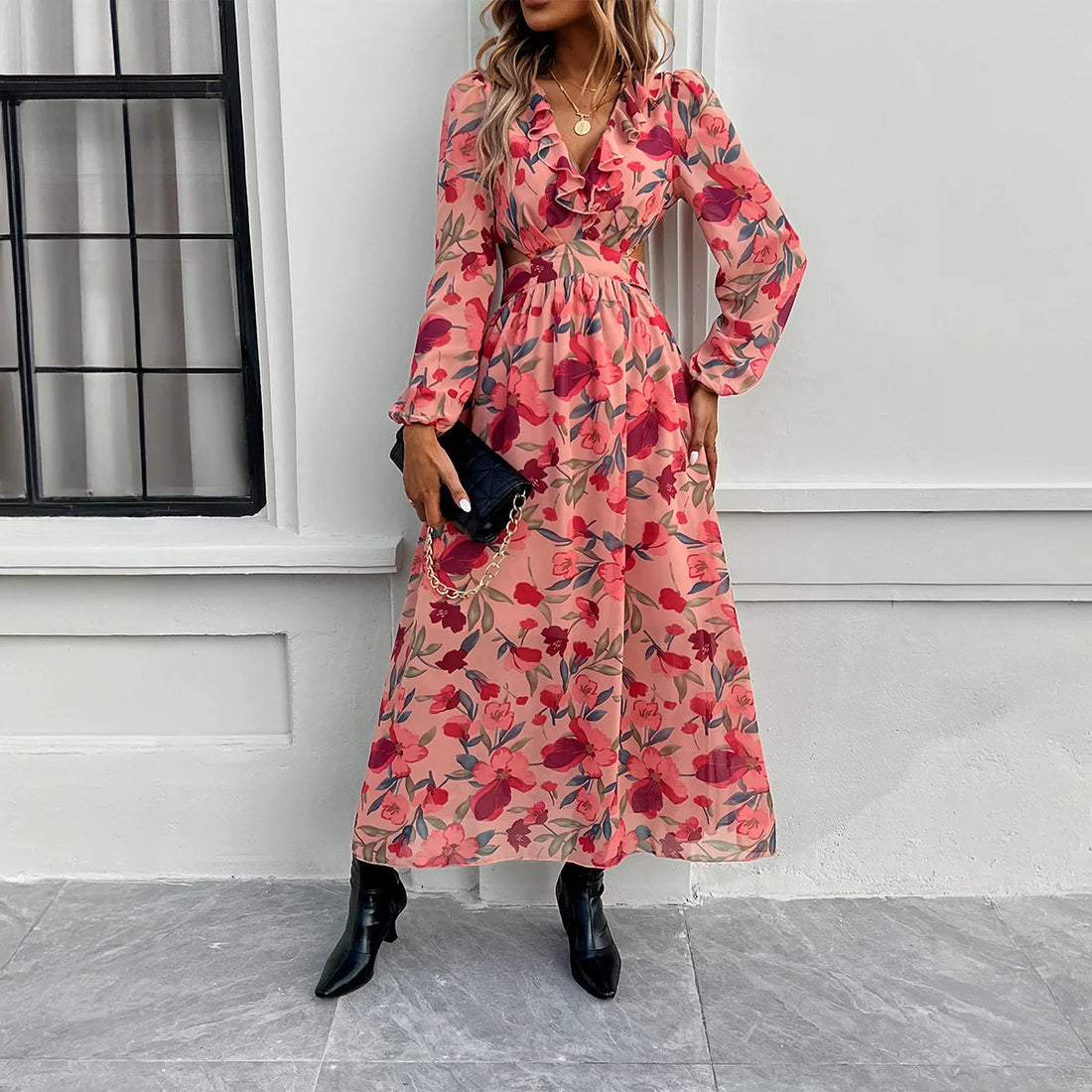 Women’s Maxi Dress – Floral Print – V-Neck – Puff Sleeve – Fitted Waist – Long Sleeve