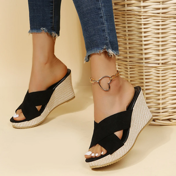 Leah - brown wedges with elegant heel and crossed straps