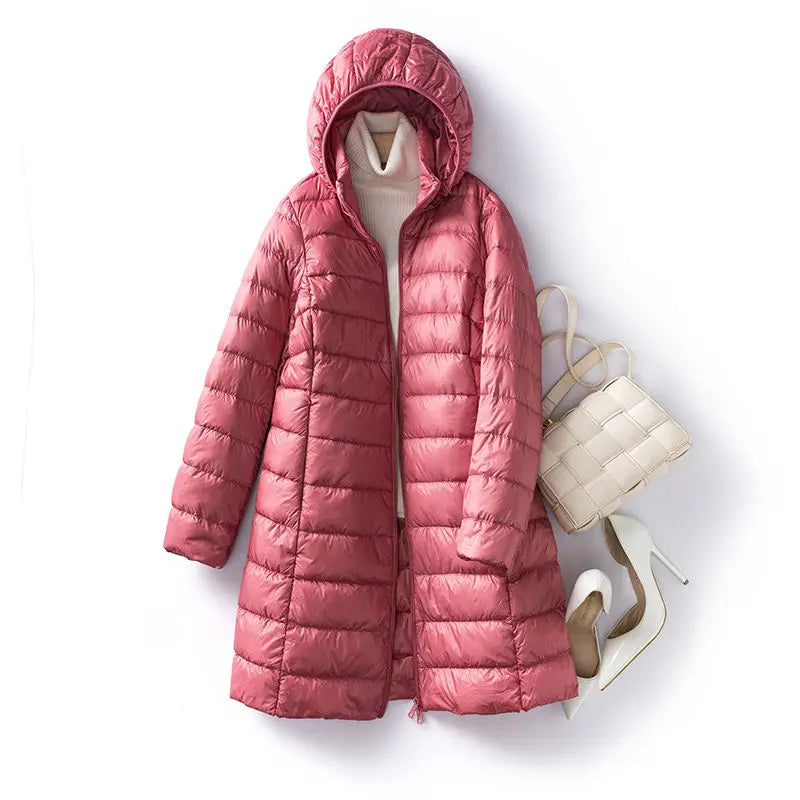 Women's hooded long down jacket with zipper closure