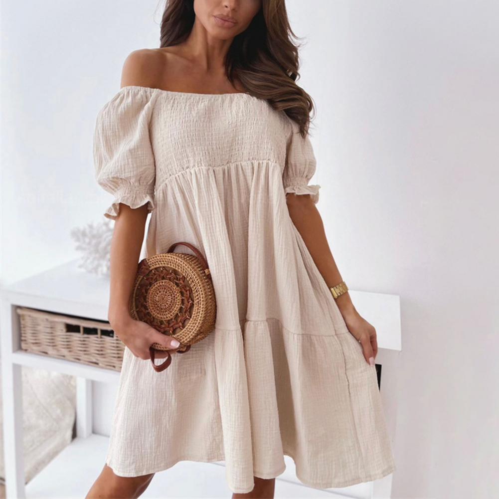 Women's Off-Shoulder Smocked Dress - Puff Sleeve - Flowy A-Line Mini